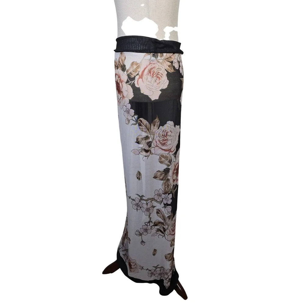 Womens Floral Mesh Sarong Wrap Skirt Swimsuit Cover Up Black White Large Long - Picture 2 of 4